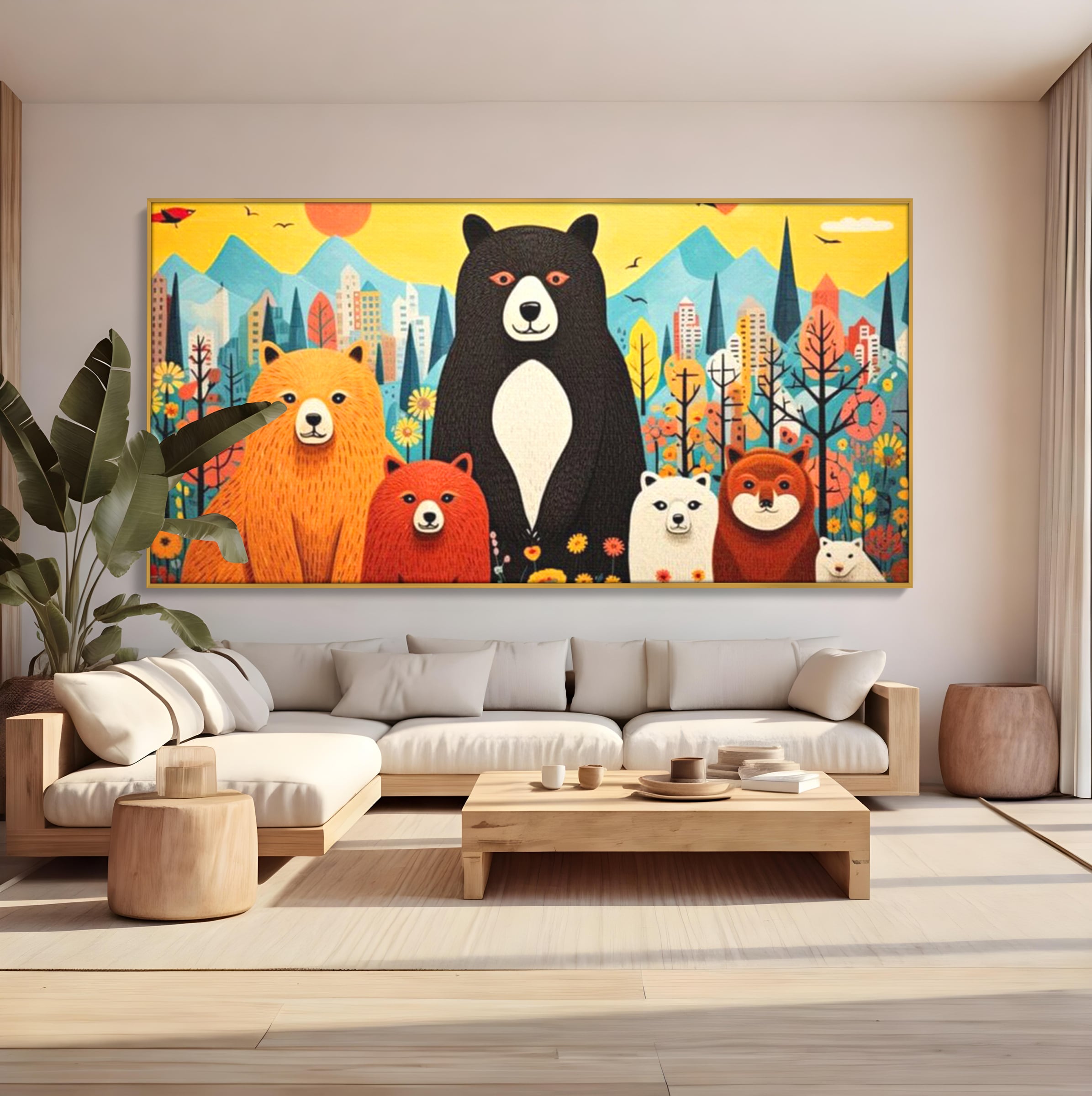 Tablou canvas cu ilustratie cu sapte ursuleti in natura, in rama de aluminiu auriu, pe perete intr-un living